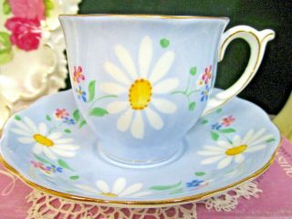 Queen Anne Tea Cup And Saucer Baby Blue Painted Daisy Blast Floral Teacup 1930s