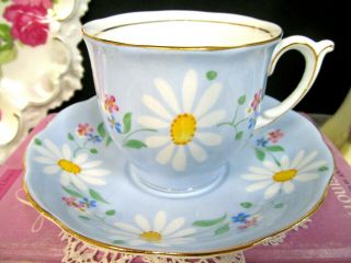 QUEEN ANNE Tea cup and saucer baby blue painted daisy blast floral teacup 1930s 2