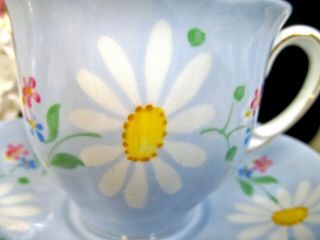 QUEEN ANNE Tea cup and saucer baby blue painted daisy blast floral teacup 1930s 3