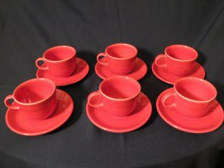 Set Of 6 Red Fiestaware Fiesta Coffee Cups And Saucers By Homer Laughlin