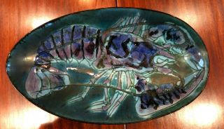 Vintage Swedish? Studio Art Pottery Glazed Oblong Molded Lobster Bowl 15”