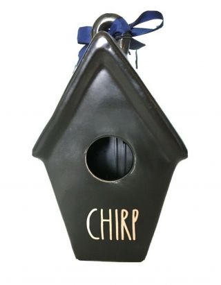 Rae Dunn By Magenta Ceramic " Chirp " Slant Roof Black Birdhouse With Tag/ribbon