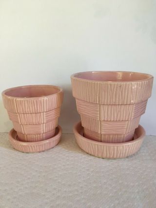 Vintage Mccoy Basketweave Flower Pots With Attached Saucer,  3 1/8 " And 4 "