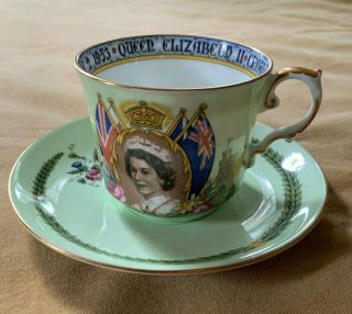 Vintage Aynsley Bone China Queen Elizabeth Ii Coronation Green Tea Cup & Saucer