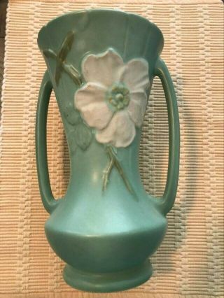 Vintage Weller Pottery Dogwood Wild Rose 2 Handle Vase Green No Chips Or Crack