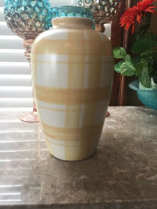 Yellow Lemon Plaid 10 " Tall Vase Harris Potteries Chicago Illinois Usa Made