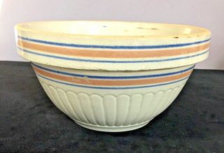 Vintage Red Wing Stoneware Pottery 9 " Blue & Orange Stripped Ribbed Mixing Bowl