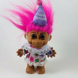Vintage Russ 5 " Happy Birthday Girl Troll Doll In Party Dress