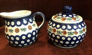 Lovely Blue Polish Pottery Creamer And Sugar Bowl Set