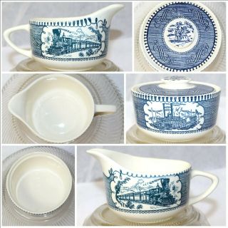 Vintage Currier & Ives Royal China The Old Grist Mill Sugar Bowl & Creamer Set
