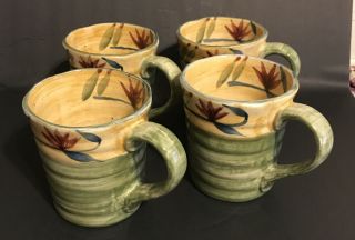 Pier 1 Set Of 4 Elizabeth Large Coffee Mugs Green Floral Handpainted 16 Oz