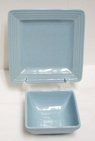 Laurie Gates Dekko Vintage Blue Square Salad Plate & Soup Cereal Bowl