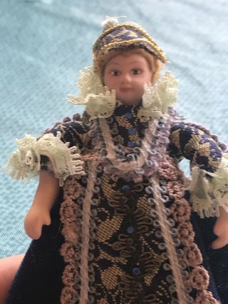 Dollhouse Miniatures Vintage Porcelain Girl Doll In Gorgeous Dress