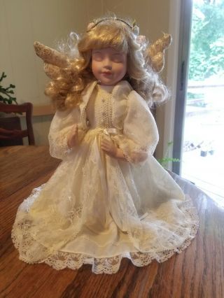 Porcelain Doll 12 " Kneeling Angel Blonde Closed Eyes Lace Dress