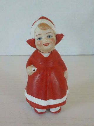 Antique German Bisque Girl With A Red & White Dress Bobblehead Doll 3 1/4 " Tall