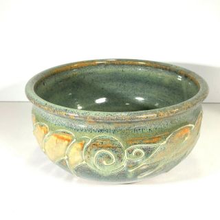 Studio Art Pottery Bowl Dish 6.  5 " Artist Signed Dated Textured Swirl Glaze Green