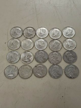 90 Silver Kennedy & Franklin Half Dollars - Roll Of 20 - $10 Face Value Lot6 Ks