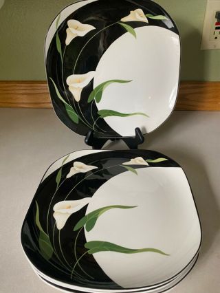 Set Of 4 Sango Quadrille Black Lilies Dinner Plates 10.  75”