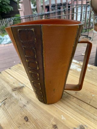 Early Vintage Mcm Art Pottery Pitcher Italy Orange Brown Signed