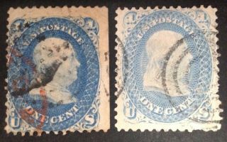 Usa 1861 2 X 1 Cent Blue Stamps,  1 X Vfu & 1 X Spacefiller - Tear