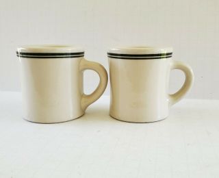 Vintage Restaurant Ware Mugs Diner Style Heavy Stoneware Green Bands Set Of 2