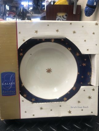 Galaxy Holiday Dinnerware Set Of 4 Soup Bowls Blue 14k Gold