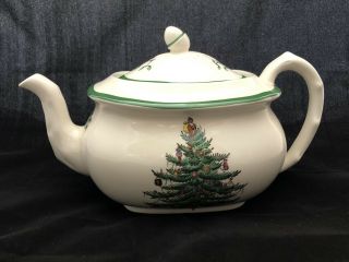Vtg Spode Christmas Tree Tea Pot W Lid,  Green Trim 6” High S3324j