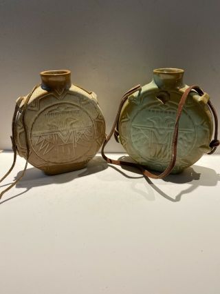Frankoma Clay Pottery Thunderbird Water Canteen With Leather Straps Rare Pair