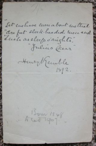 1892 Henry Kemble Als Autograph & Vintage Print - British Actor - Julius Caesar