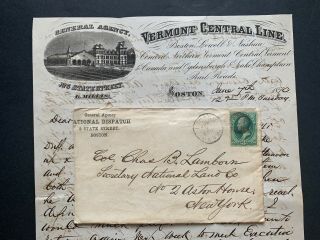 1870 Boston Ma Vermont Central Line Railroad Ad Letter Ny Lamborn Civil War Lt