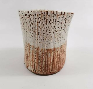 Studio Art Pottery Maroon Cream Oval Vase Signed Mid Century Modern Style 3