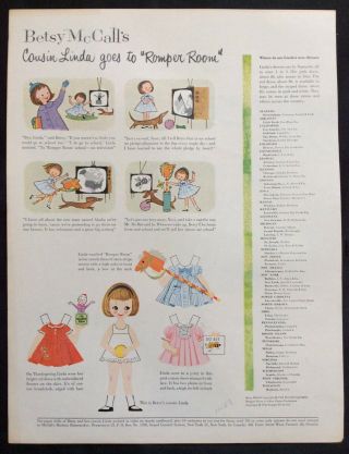 Vintage Betsy Mccall Mag.  Paper Dolls,  Cousin Linda At Romper Room,  Nov.  1958