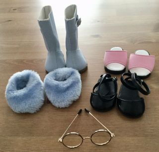 4 Pairs Of Shoes Slippers Boots For American Girl Doll & Eyeglasses