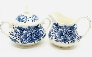 Blue & White English Ironstone Sugar Bowl With Lid & Creamer Rose Flower Pattern