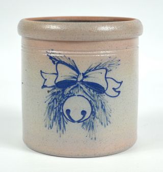 Vintage 1992 Rockdale Union Stoneware Christmas Sleighbell Salt Glaze Jar Usa
