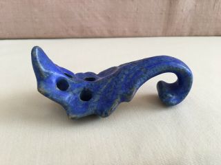 Vintage Blue Pottery Leaf Feather Flower Frog Ceramic 4 Holes Ikebana