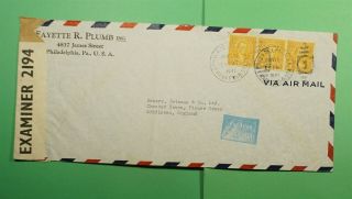 Dr Who 1941 Philadelphia Pa Airmail To England Wwii Censored Coil Strip F43743
