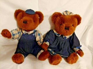 Skm Teddy Bears Plush Boy & Girl In Country Denim Jointed Brown 14 "