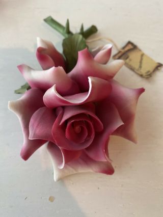 Vintage Fabar Capodimonte N Crown Porcelain Rose Flower On Stem Italy
