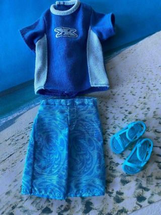 Mattel Barbie Ken Doll Clothes Blue Swimsuit Beach Shorts Top & Sandals