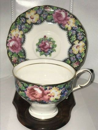 Paragon By Appointment Ginham Rose Tea Cup And Saucer Needlepoint Pattern.  - C528
