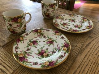 Royal Albert Old Country Roses Ruby Celebration 8 " Plates - 2 Coffee Mugs - 2
