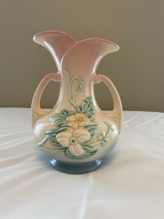 Hull Art Pottery Wildflower Double Handle Vase Model W8 7 1/2 " Pink Blue Lovely