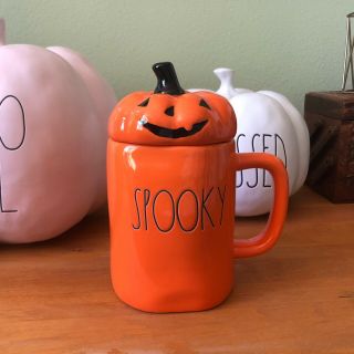 Rae Dunn Orange " Spooky " Coffee Mug With Pumpkin Topper Lid Halloween Fall