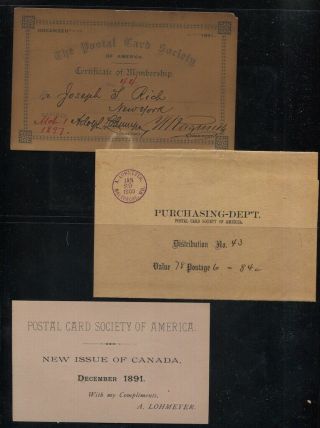 The Postal Card Society Of America 1891,  1897,  1900 Membership & Ad Cards