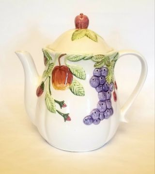 Majolica Teapot Pitcher With Lid Embossed Fruit Grapes Berries Leaves