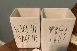 Rae Dunn Wake Up And Makeup Brush Holder Canister Vanity Set