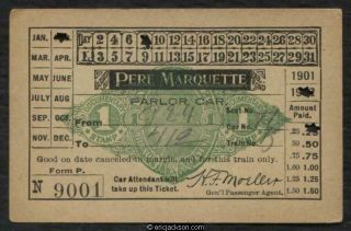 Rn - X5a Detroit,  Michigan.  Pere Marquette Railroad Co.  Parlor Car Ticket,  1901 - 02