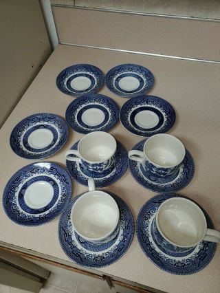 Vintage Churchill Blue Willow Set Of 4 Coffee Tea Cups & 10 Saucers