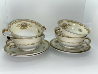 Set Of 4 Noritake Acacia Double Handle Cream Soup Bowl & Under Plates